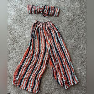 Urban Outfitters Striped Two-Piece with Bandeau Top & Matching Wide Leg Pant Set